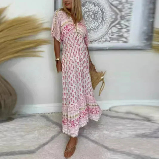 BohoChic - Printed Maxi Dress for Summer with V-Neck and Loose Fit 1
