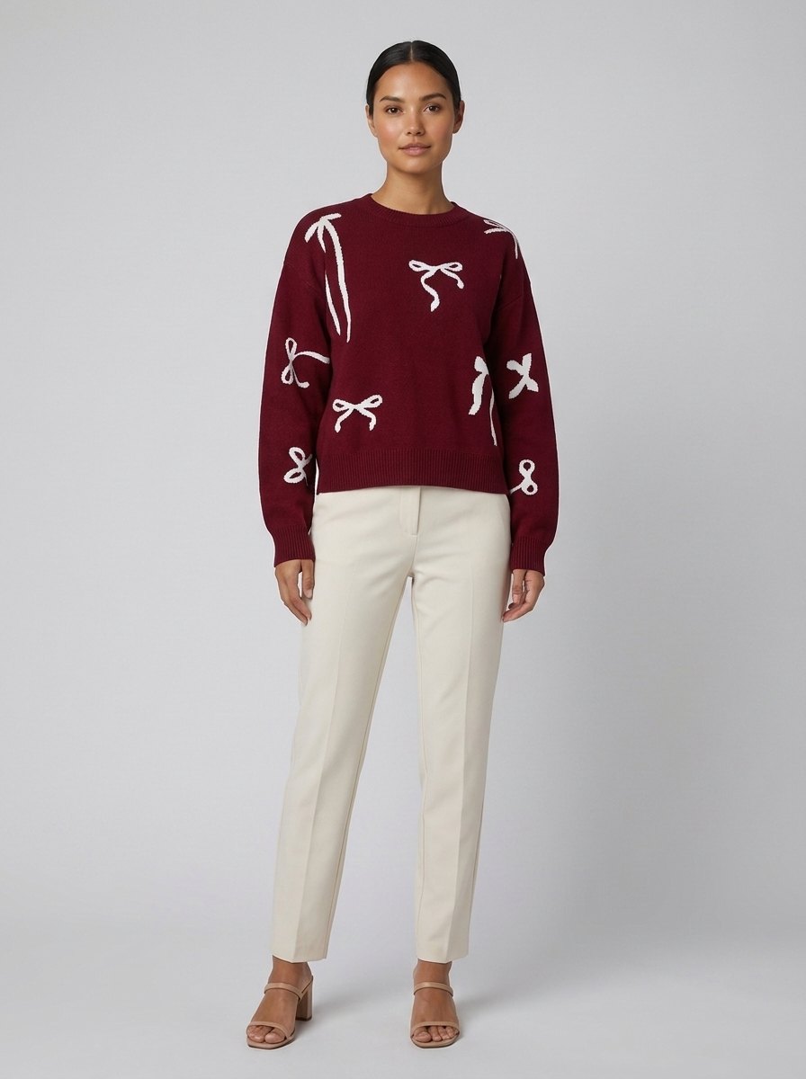Bow Jacquard Oversized Sweater - Soft Acrylic Knit, Relaxed Fit, Round Neck 0