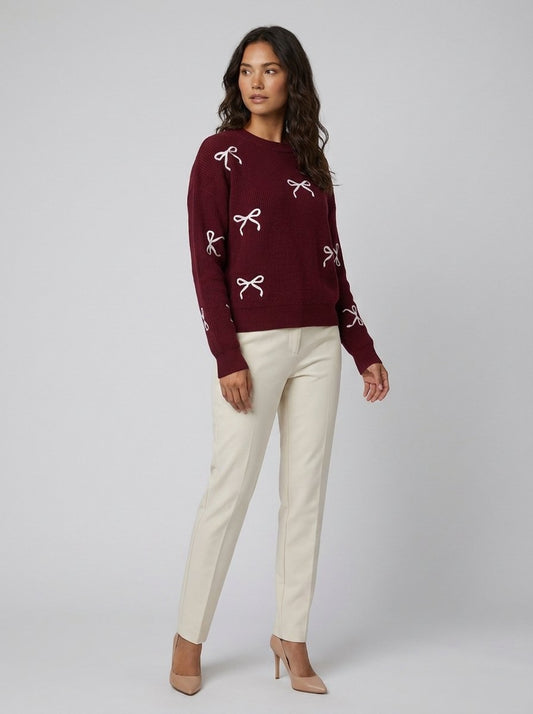 Bow Jacquard Oversized Sweater - Soft Acrylic Knit, Relaxed Fit, Round Neck 1