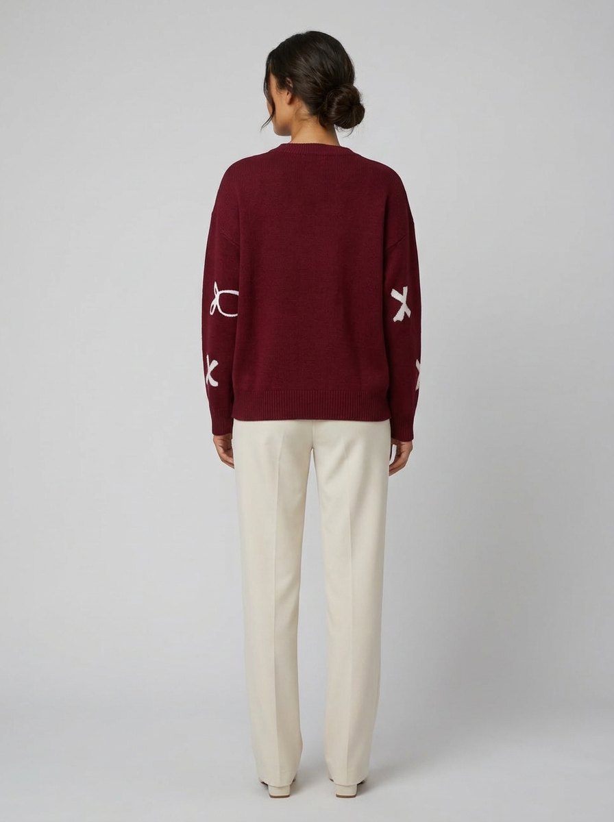Bow Jacquard Oversized Sweater - Soft Acrylic Knit, Relaxed Fit, Round Neck 2
