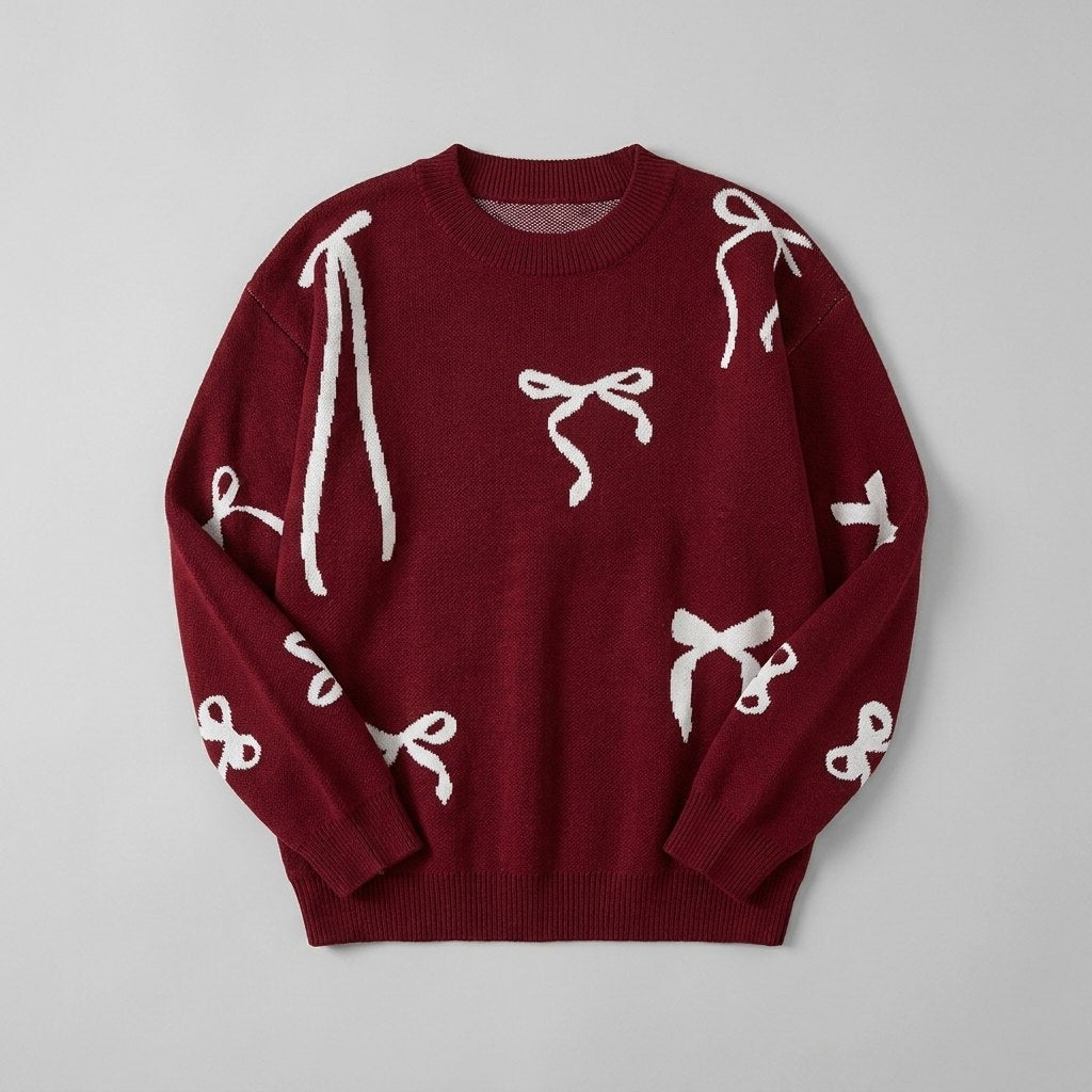 Bow Jacquard Oversized Sweater - Soft Acrylic Knit, Relaxed Fit, Round Neck 3