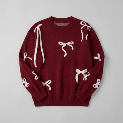 Bow Jacquard Oversized Sweater - Soft Acrylic Knit, Relaxed Fit, Round Neck 3