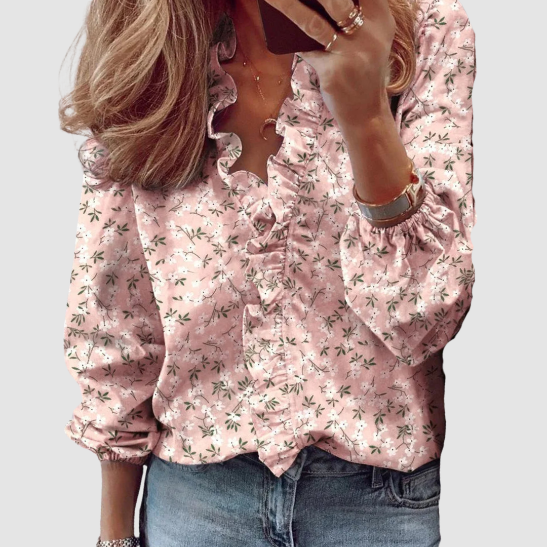 Brielle Floral Ruffle Long Sleeve Blouse - Lightweight Relaxed Fit Top 0