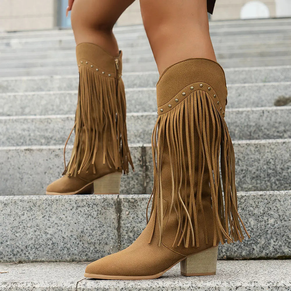 Calista Wide Calf Western Cowboy Boots with Full Fringe & Side Zipper 0