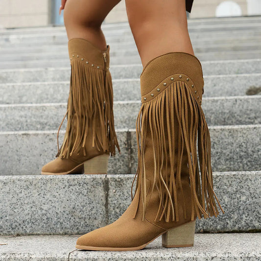 Calista Wide Calf Western Cowboy Boots with Full Fringe & Side Zipper 0