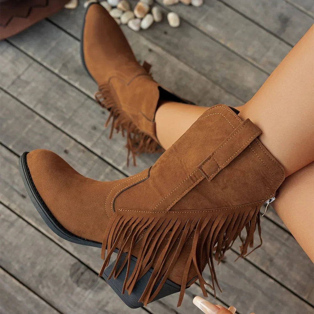 Calista Wide Calf Western Cowboy Boots with Full Fringe & Side Zipper 1