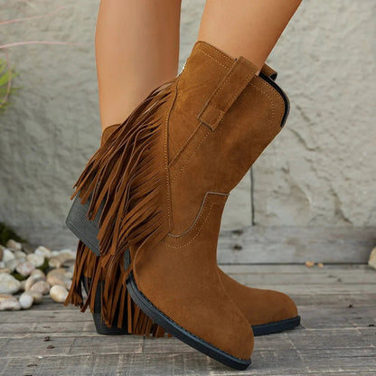 Calista Wide Calf Western Cowboy Boots with Full Fringe & Side Zipper 2