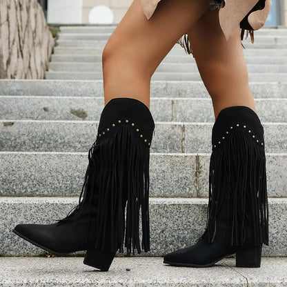 Calista Wide Calf Western Cowboy Boots with Full Fringe & Side Zipper 7