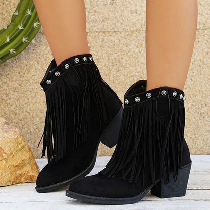 Calista Wide Calf Western Cowboy Boots with Full Fringe & Side Zipper 8