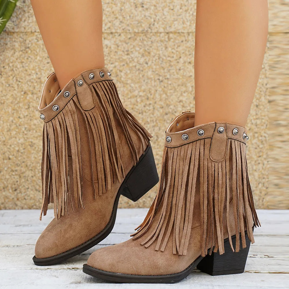 Calista Wide Calf Western Cowboy Boots with Full Fringe & Side Zipper 9