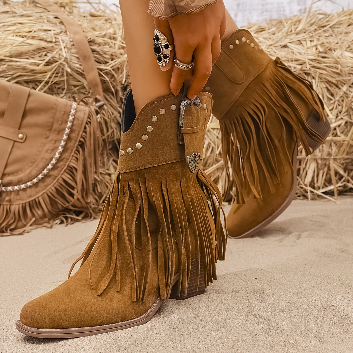 Calla Wide Calf Western Fringe Cowboy Boots with Studded Detail & Comfortable Fit 3