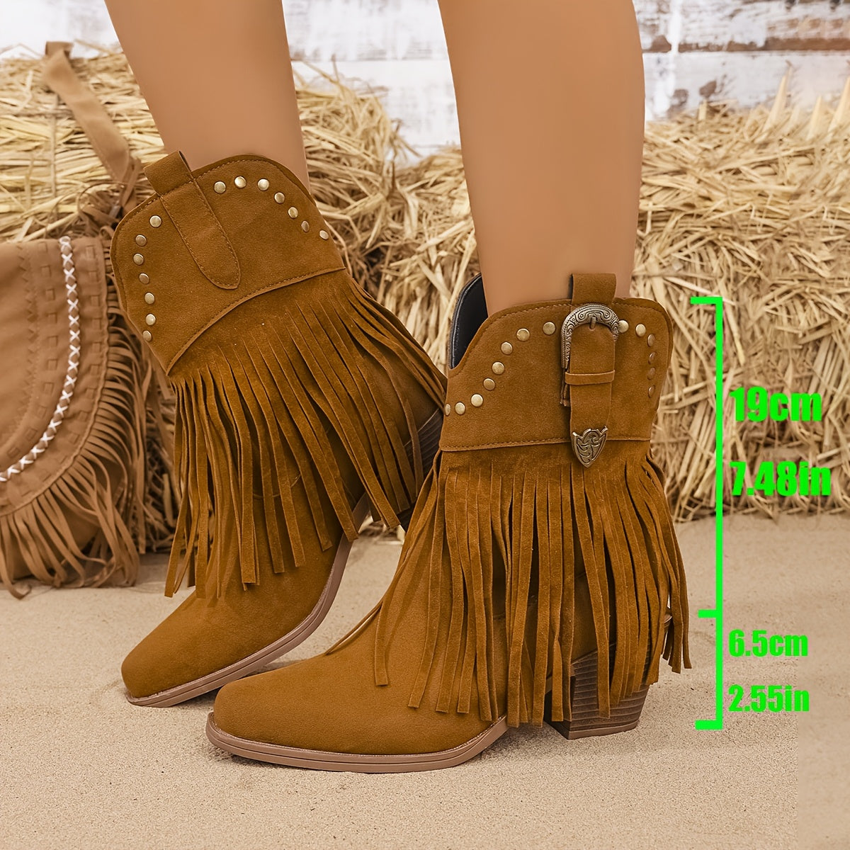 Calla Wide Calf Western Fringe Cowboy Boots with Studded Detail & Comfortable Fit 6