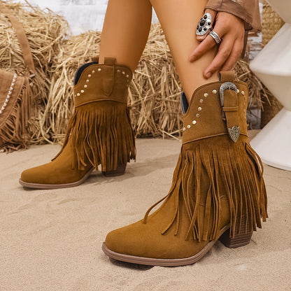 Calla Wide Calf Western Fringe Cowboy Boots with Studded Detail & Comfortable Fit 7