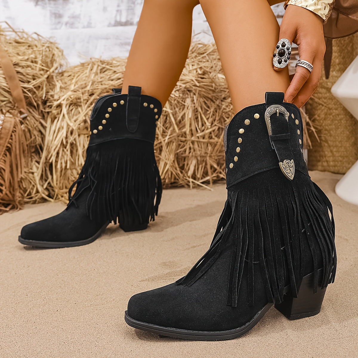 Calla Wide Calf Western Fringe Cowboy Boots with Studded Detail & Comfortable Fit 8