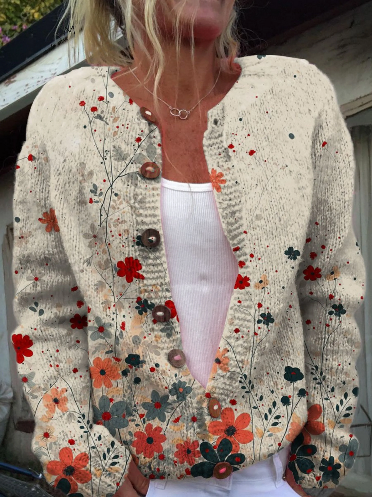 Camellia - Floral Print Long Cardigan Sweater with Button Closure, Knitwear 0