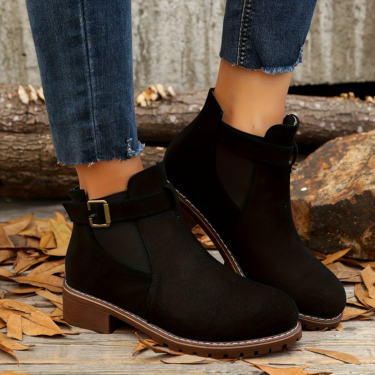 Caoimhe - Black Chelsea Ankle Boots with Buckle Strap and Low Block Heel 0