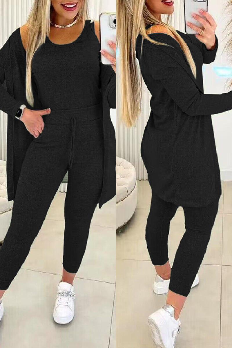 Women's 3-piece lounge set with open cardigan in black