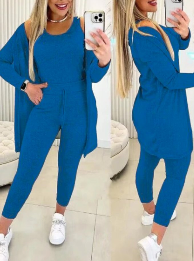 Women's 3-piece lounge set with open cardigan in blue