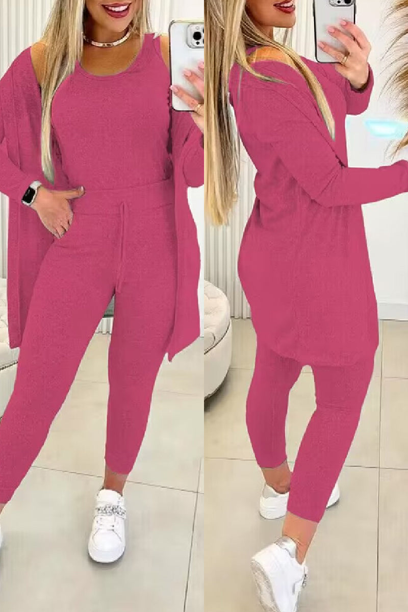 Women's 3-piece lounge set with open cardigan in dark pink