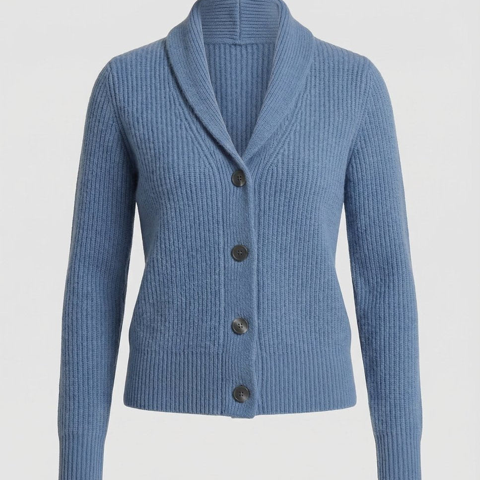 Aria ribbed knit cardigan in light blue, flat lay detail