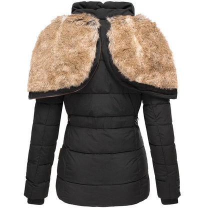 Catharina winter jacket in black, close-up of the faux fur hood, back view