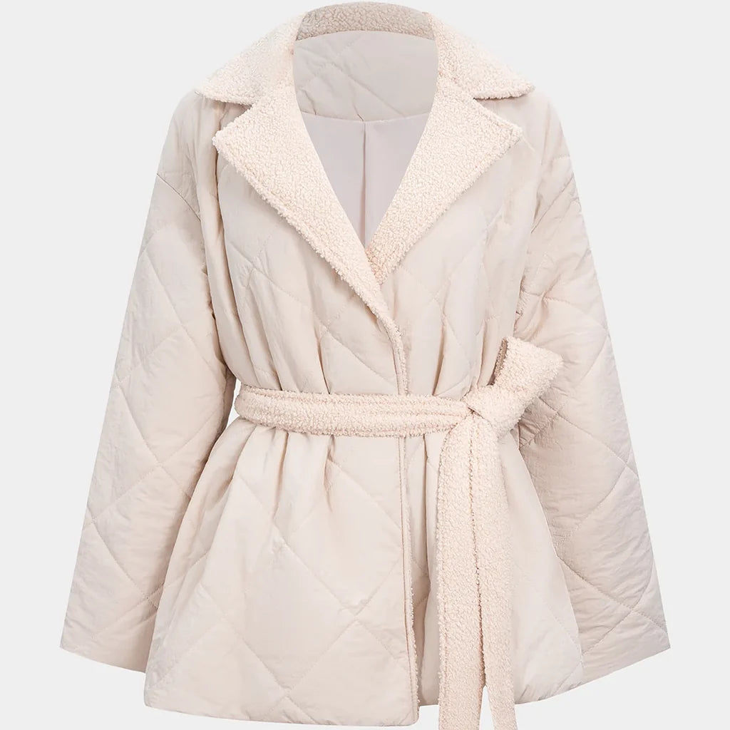 Elin puffer jacket in beige, front view on display form