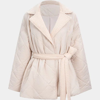 Elin puffer jacket in beige, front view on display form