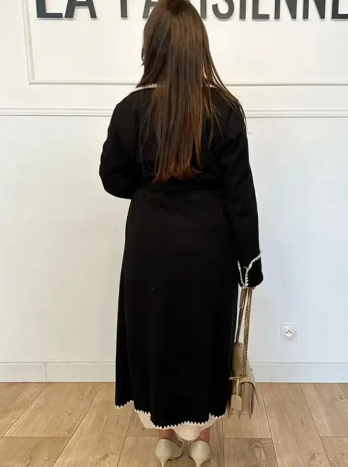 Woman wearing Kendall trench coat in black, back view