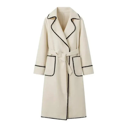 Woman wearing Kendall trench coat in white, full front view