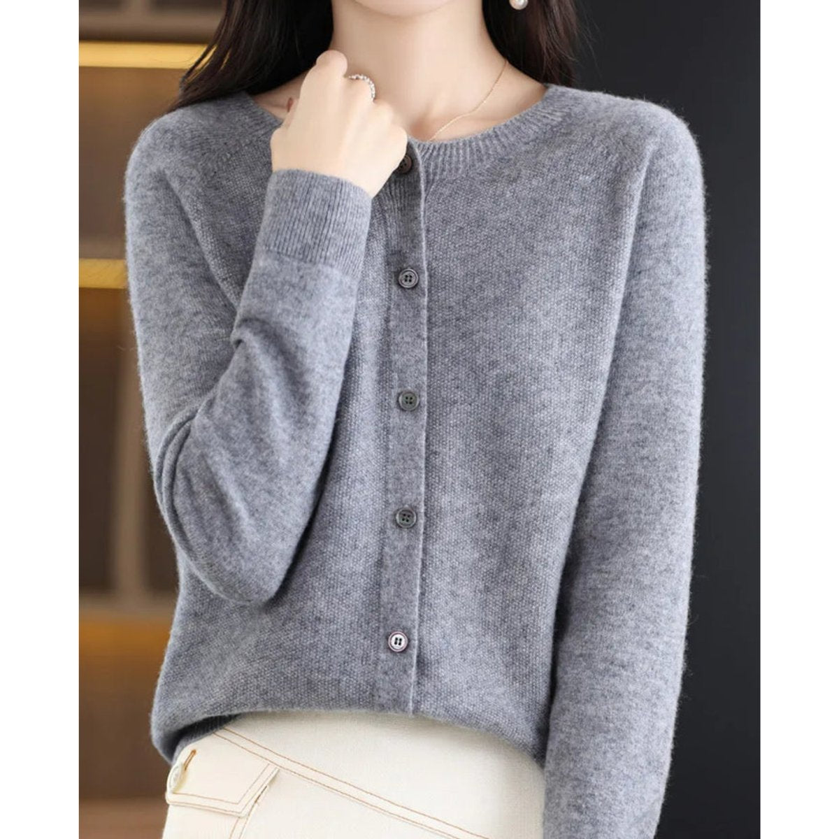 Marlowe oversized merino wool cardigan in gray, front view