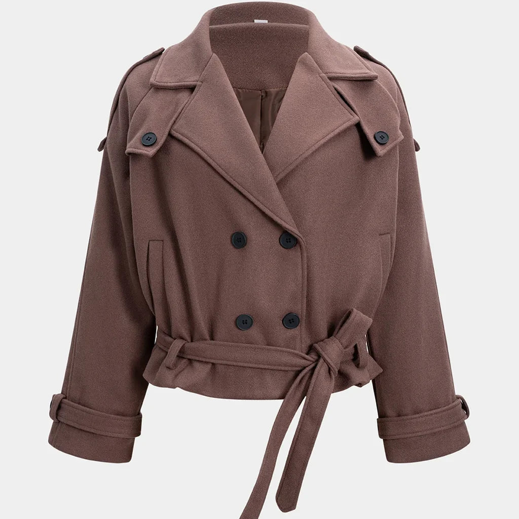 Noor double-breasted coat in brown, front view on display form