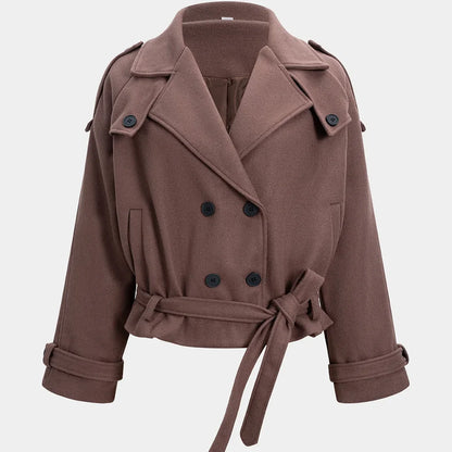 Noor double-breasted coat in brown, front view on display form