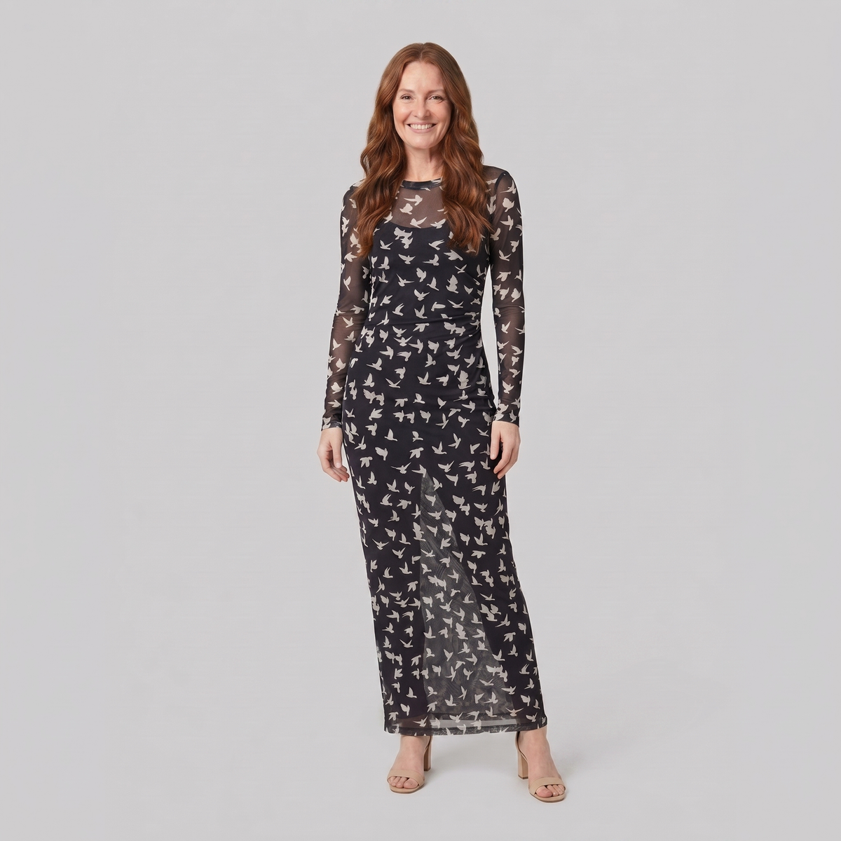 Sienna black mesh dress with bird print, front view