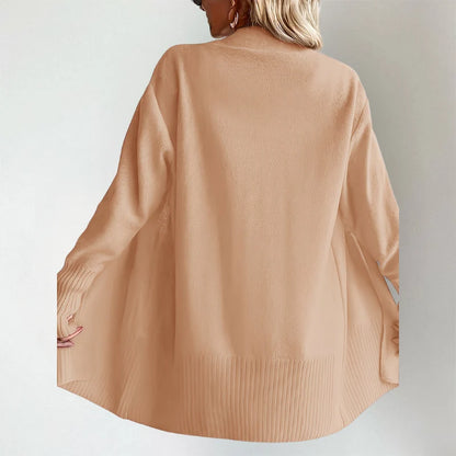 Woman wearing Talia cardigan in khaki, back view