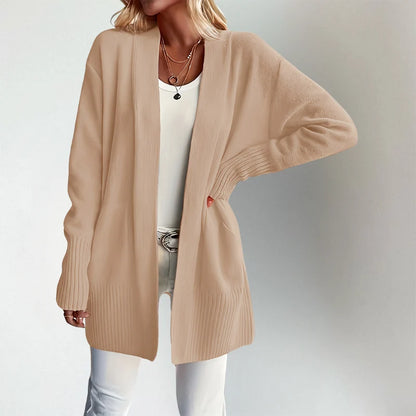 Woman wearing Talia cardigan in khaki, front view