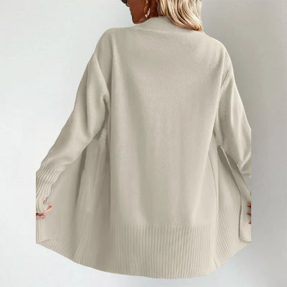 Woman wearing Talia cardigan in white, back view