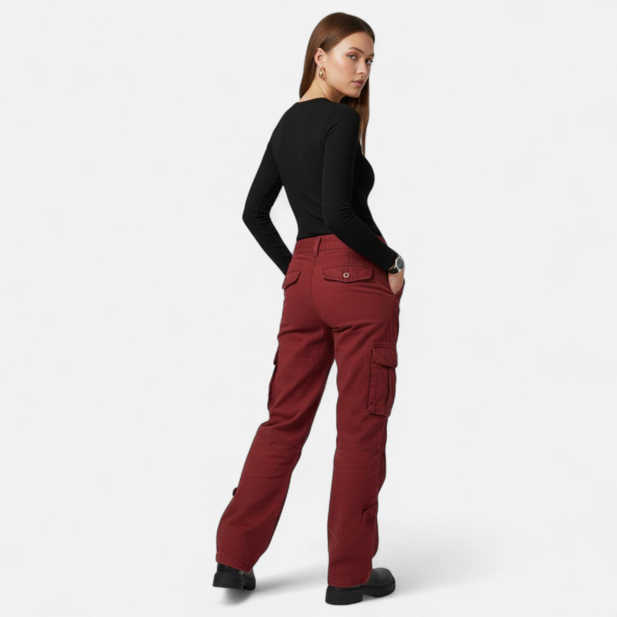 UrbanEdge cargo pants in burgundy, back view