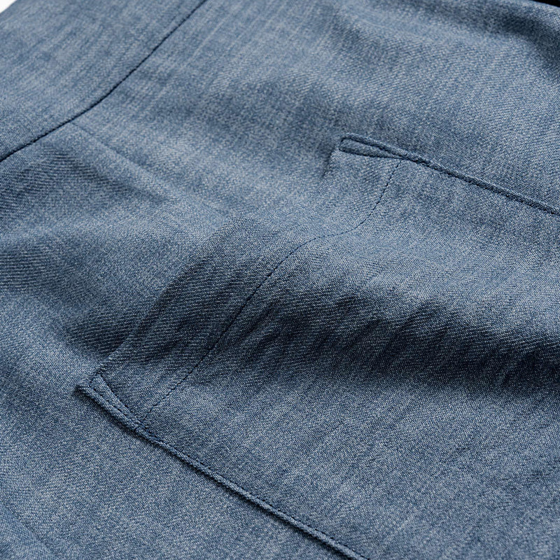 Vera wide leg trousers in powder blue, close-up of the zip pocket