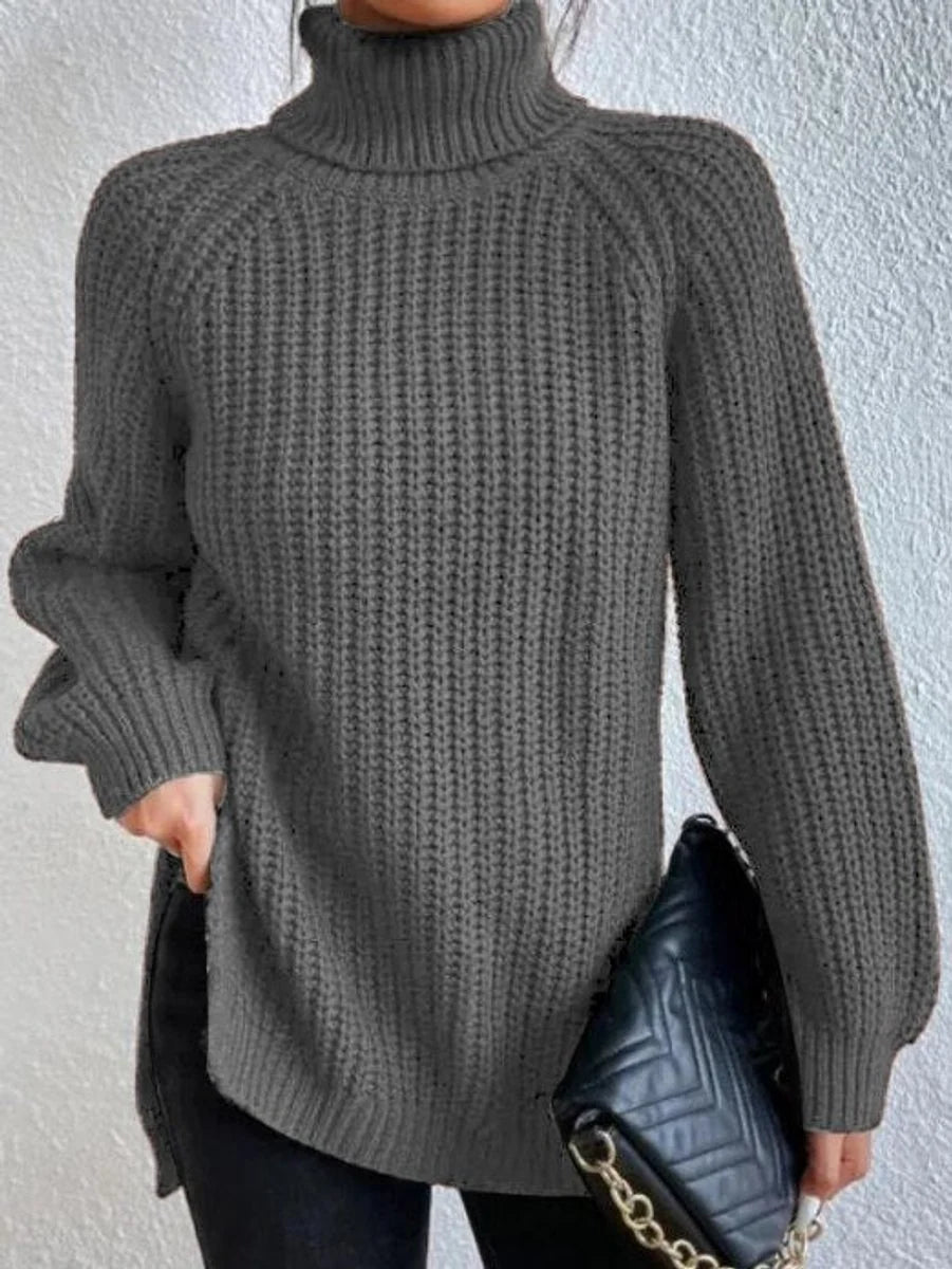 Amelie oversized chunky knit turtleneck sweater in gray, front view on model
