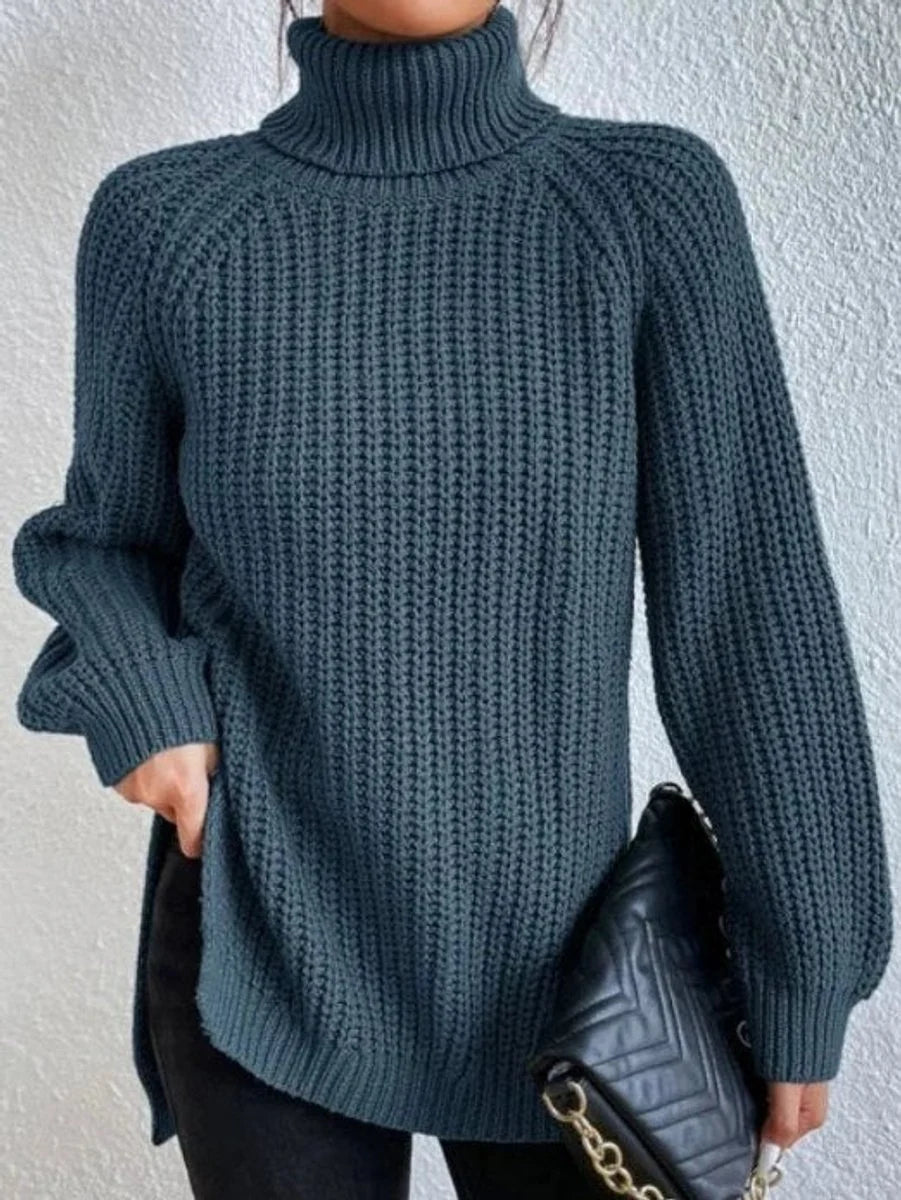 Amelie oversized chunky knit turtleneck sweater in ocean blue, front view on model