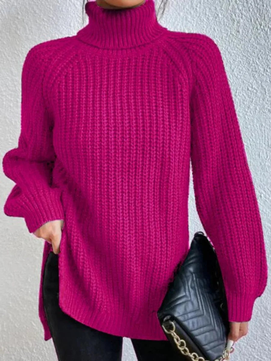 Amelie oversized chunky knit turtleneck sweater in pink, front view on model