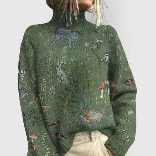 Annika relaxed fit knit turtleneck sweater in green, front view on model