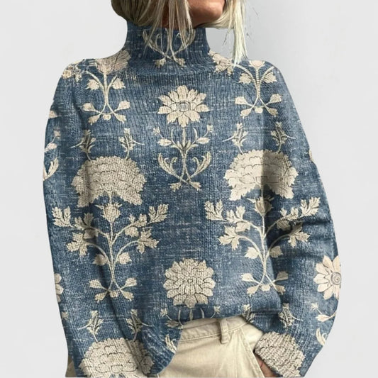 Annika relaxed fit knit turtleneck sweater in light blue, front view on model