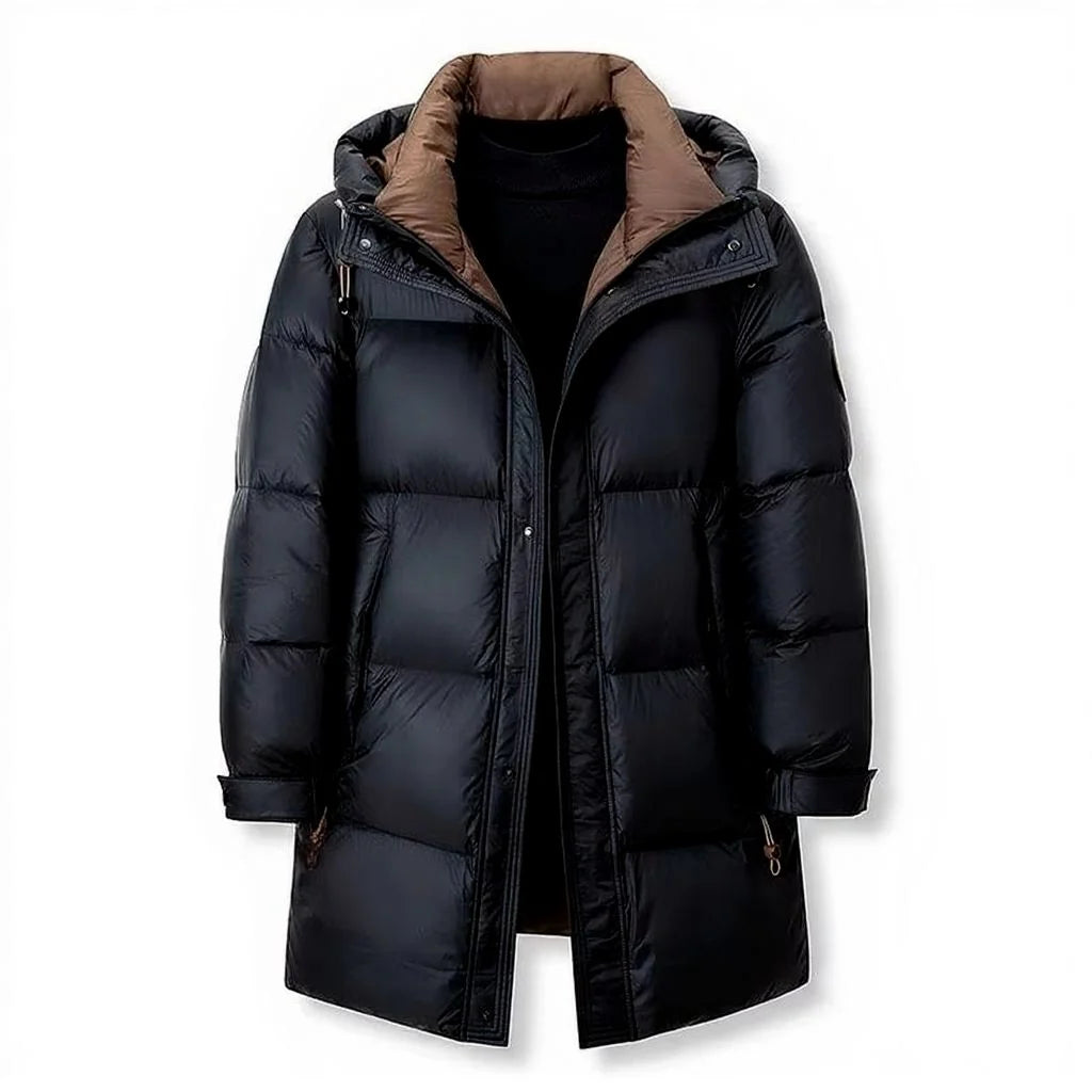 ArcticShield men's hooded down parka in black, front view