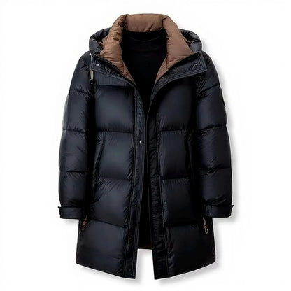ArcticShield men's hooded down parka in black, front view