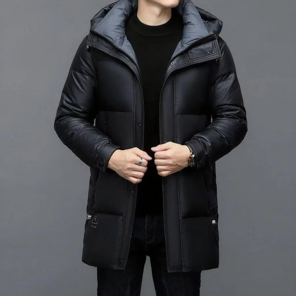 ArcticShield men's hooded down parka in black, front view on model