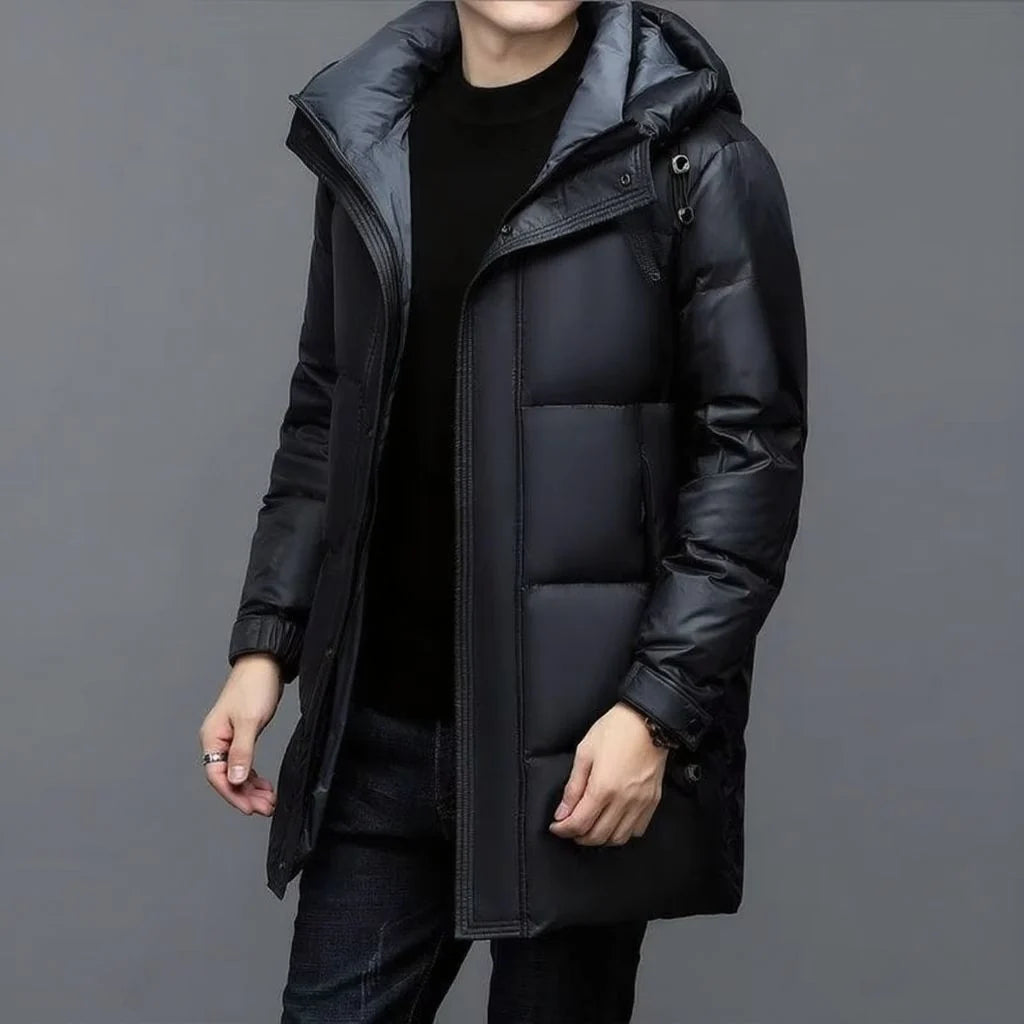 ArcticShield men's hooded down parka in black, side view on model