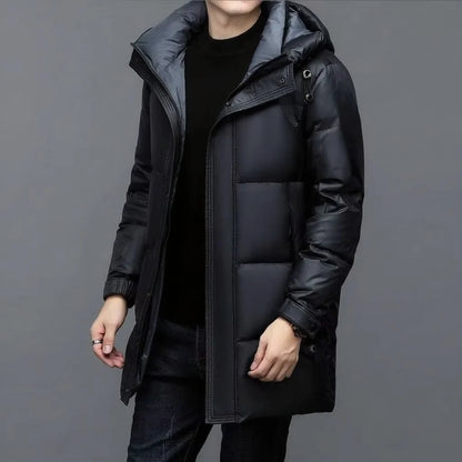 ArcticShield men's hooded down parka in black, side view on model