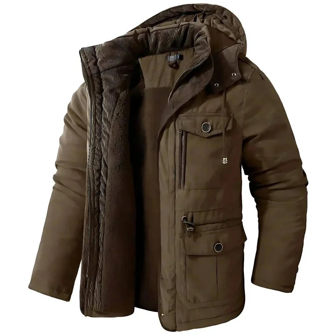 ArcticShield men's sherpa lined winter parka in dark brown, front view