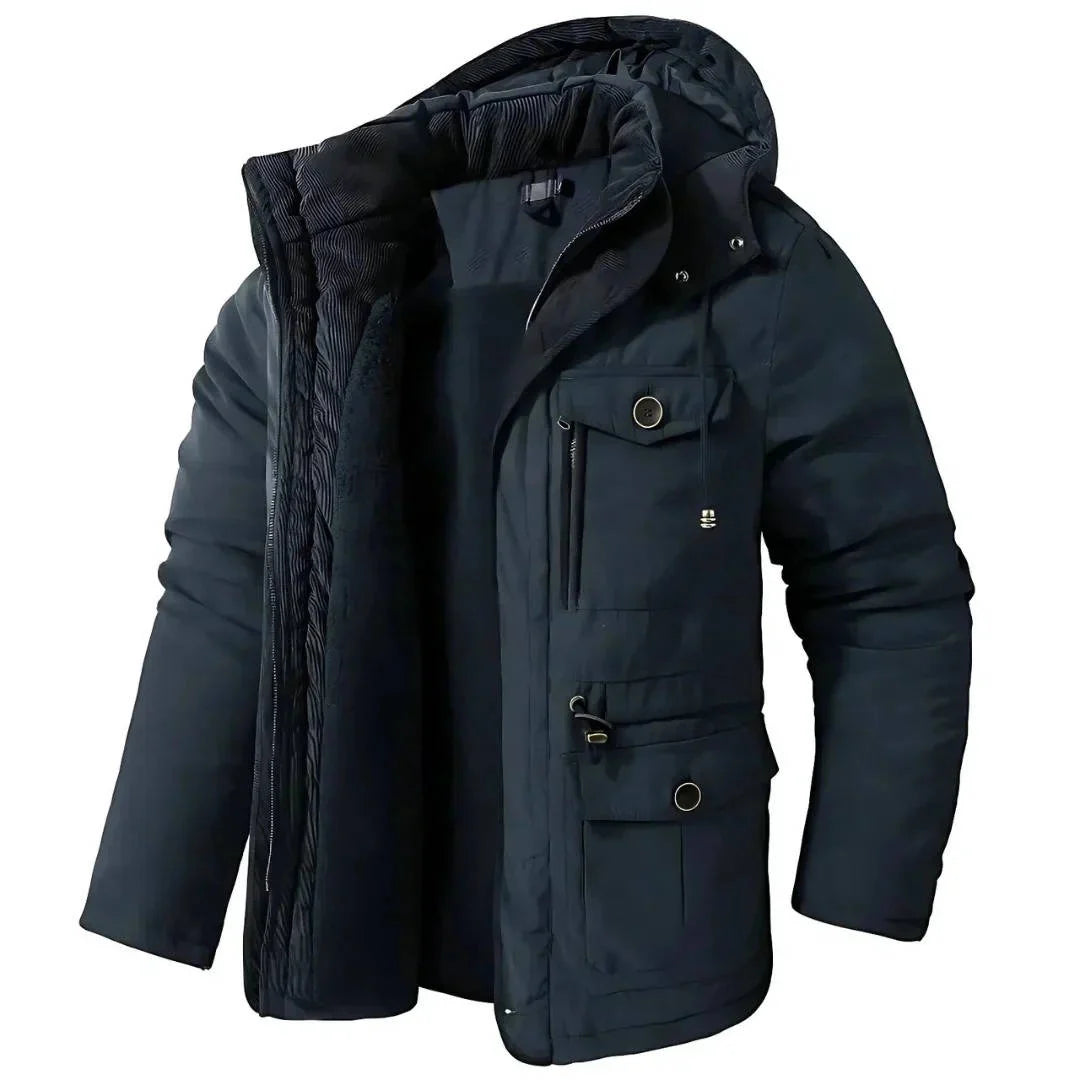 ArcticShield men's sherpa lined winter parka in navy blue, front view